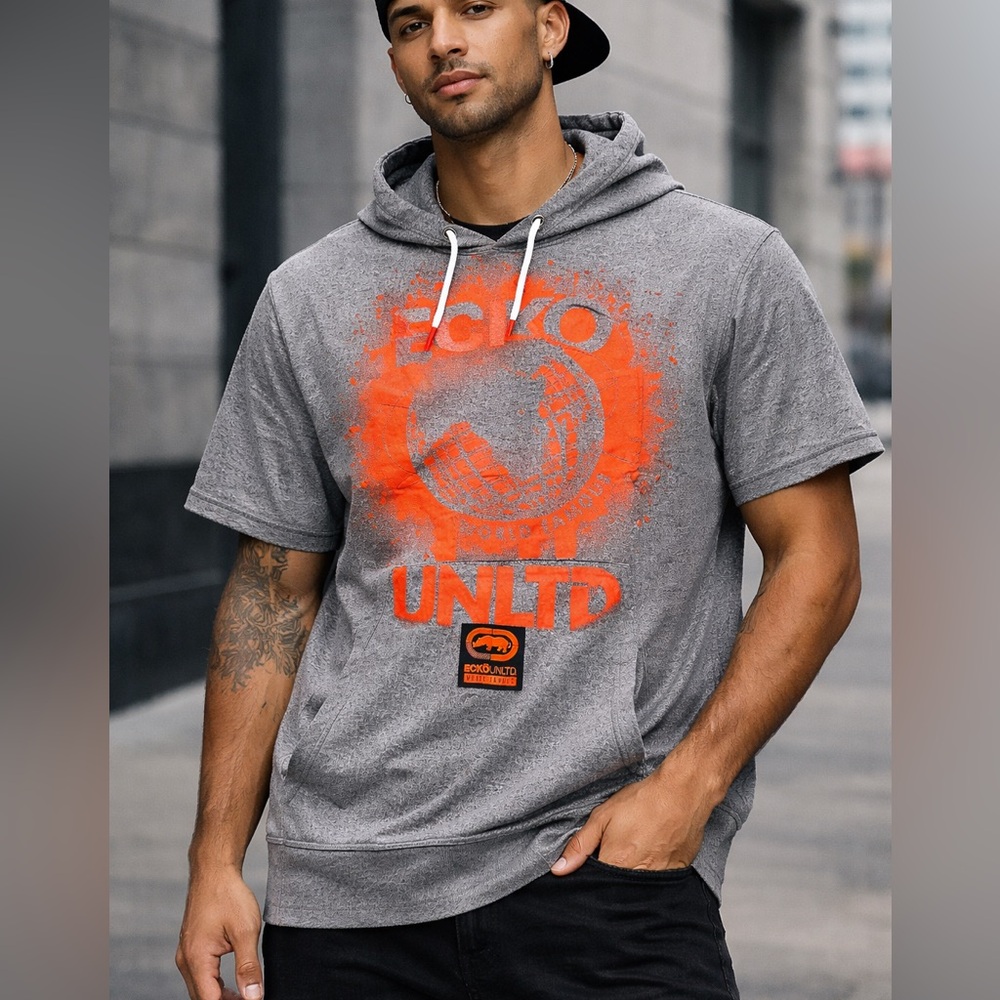 Ecko unlimited Men’s Short Sleeve shirt Hoodie size Medium heather Gray/Orange